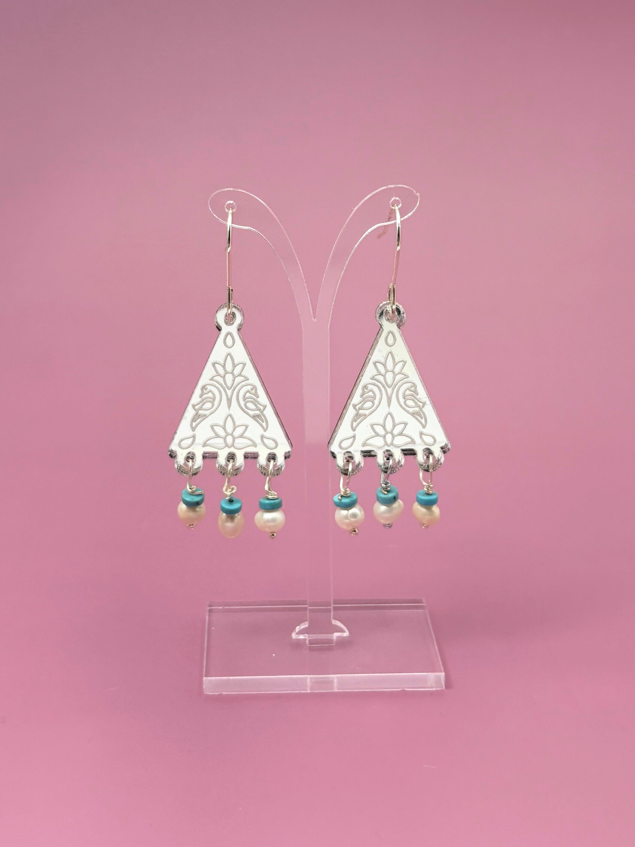 Kindred Spirit Dangles – Silver Mirror Acrylic Earrings | Turquoise & Pearl | Isla & Marigold
