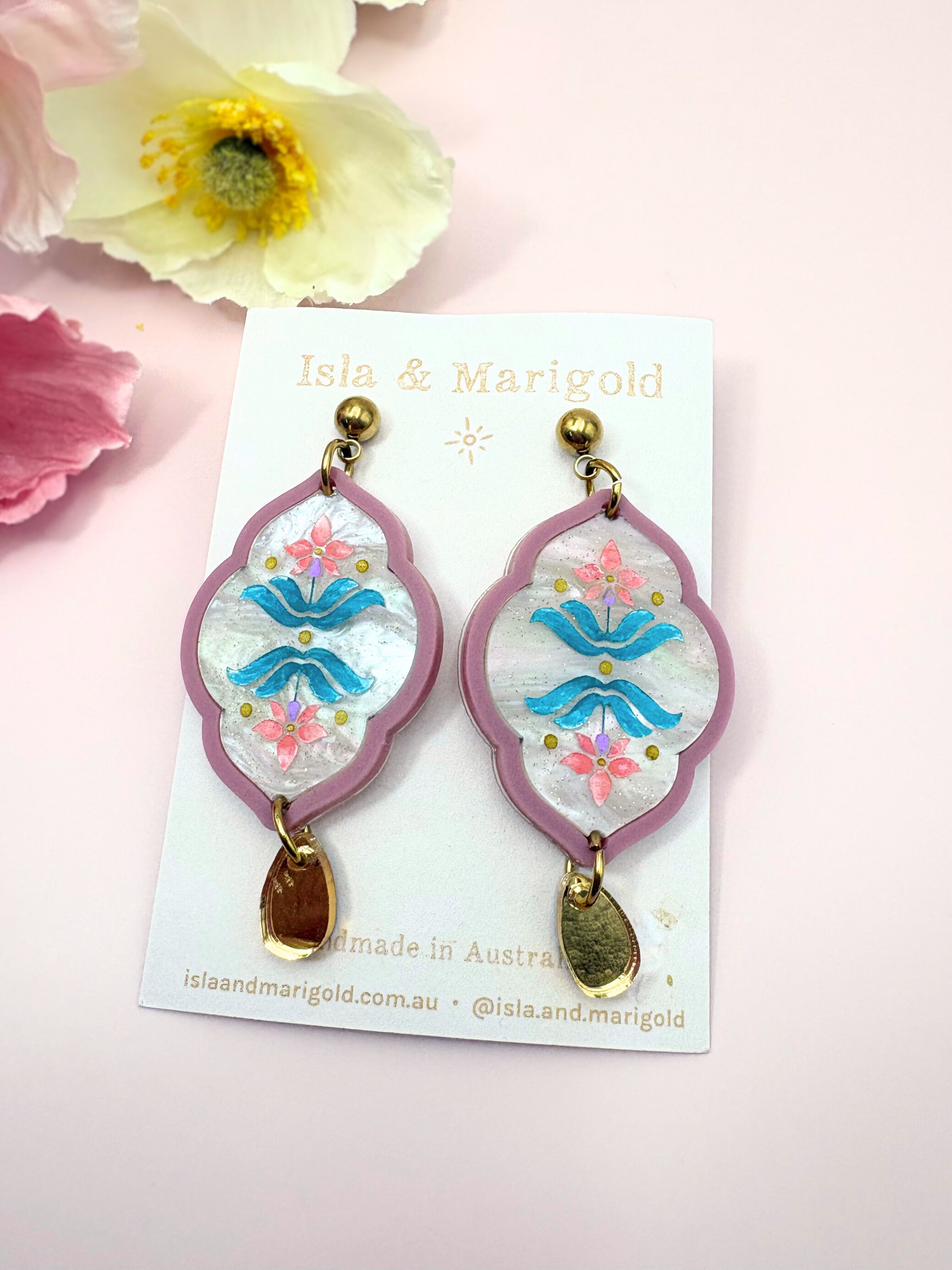 Sacred Bloom Drops - Mulberry, Coral, Teal & Gold Acrylic Earrings | Isla & Marigold