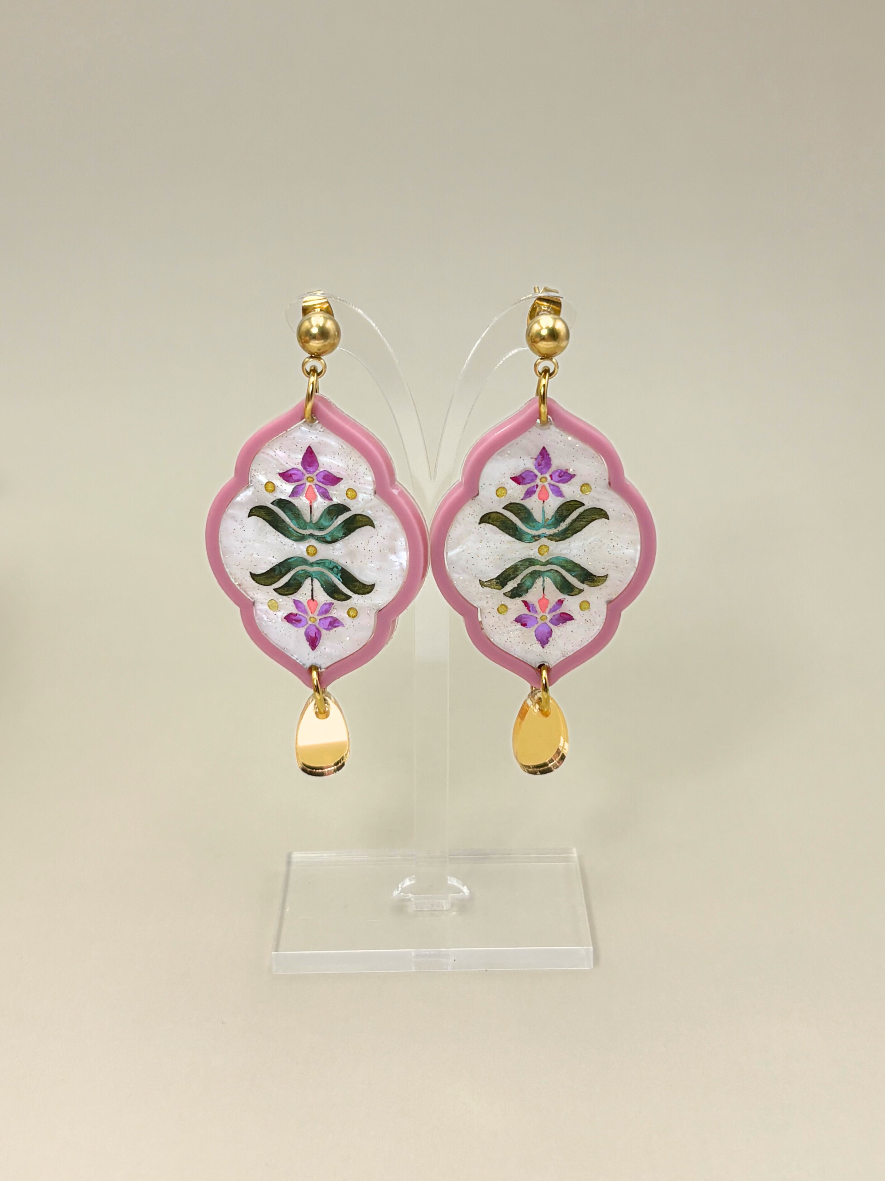 Sacred Bloom Drops - Mulberry, Emerald, Orchid & Gold Acrylic Earrings | Isla & Marigold