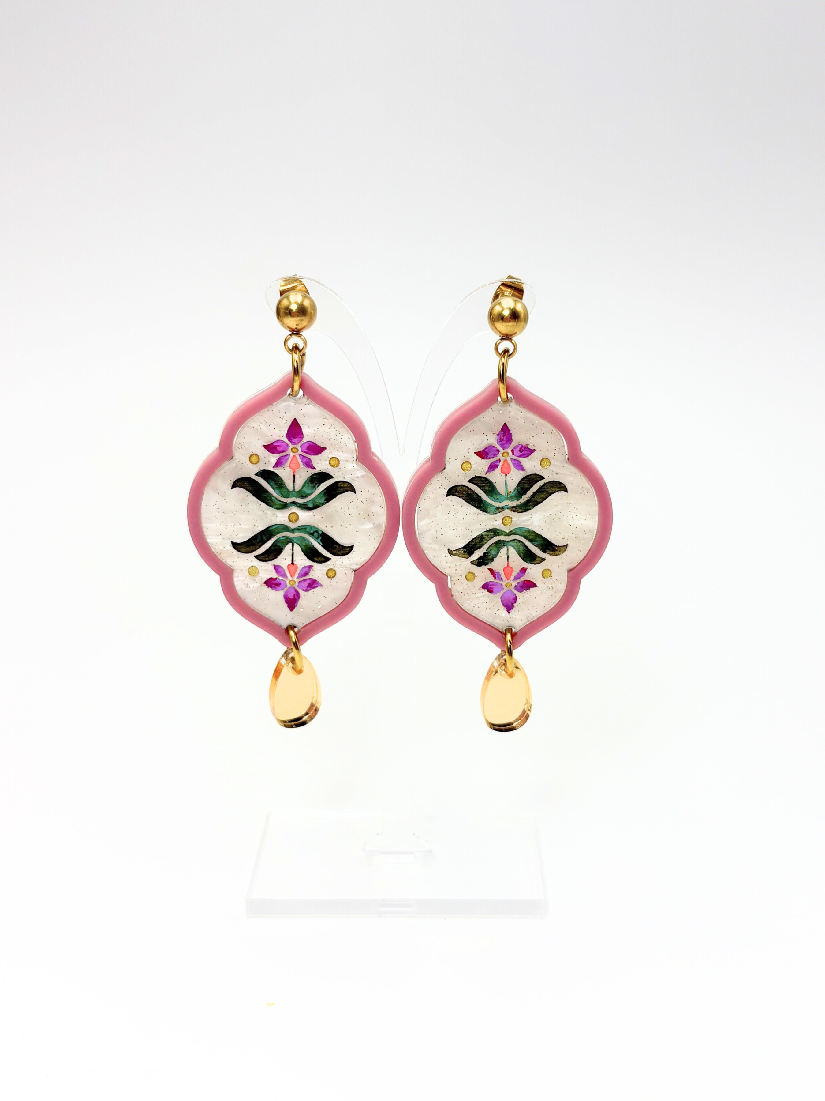 Sacred Bloom Drops - Mulberry, Emerald, Orchid & Gold Acrylic Earrings | Isla & Marigold