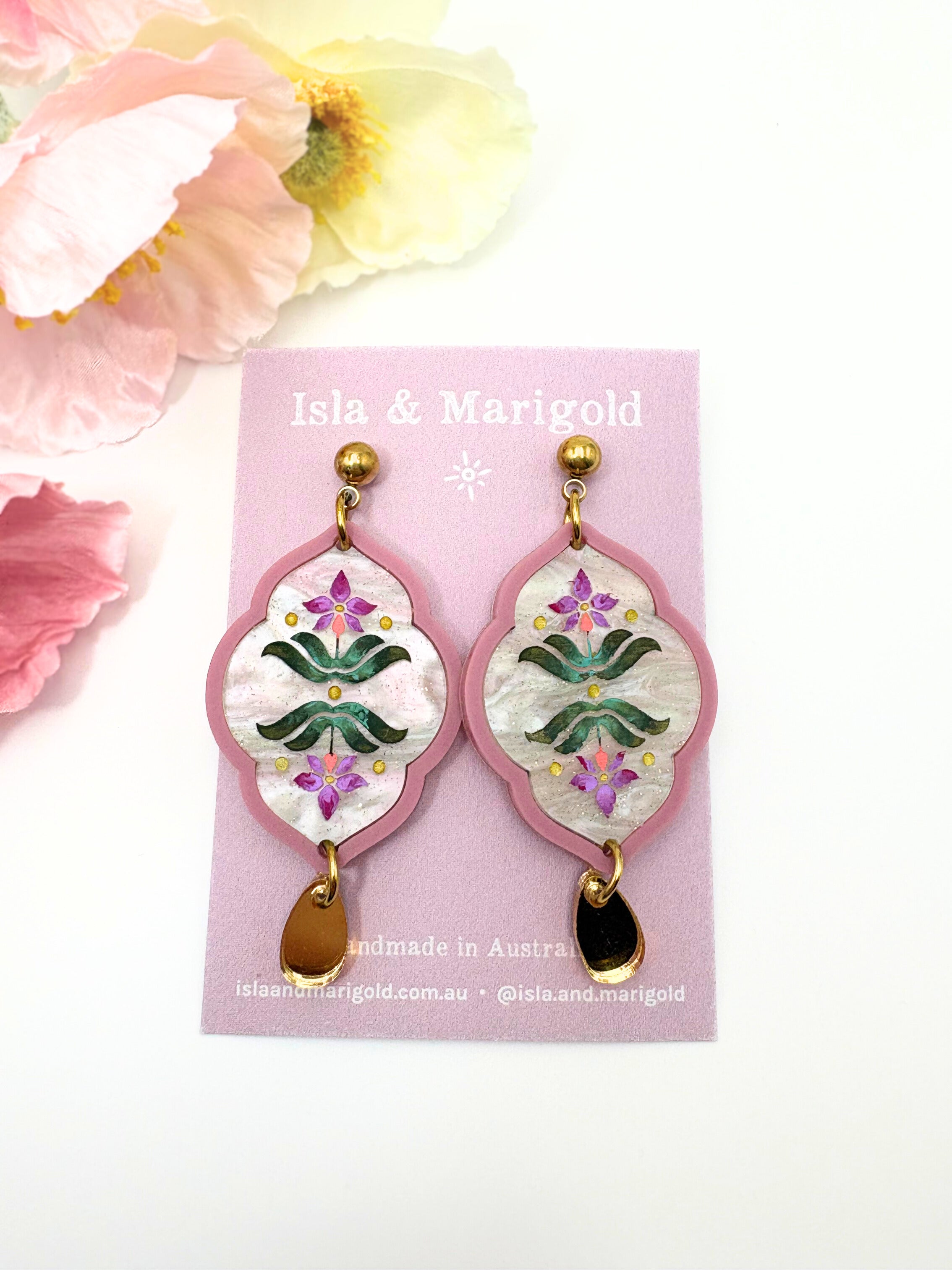 Sacred Bloom Drops - Mulberry, Emerald, Orchid & Gold Acrylic Earrings | Isla & Marigold