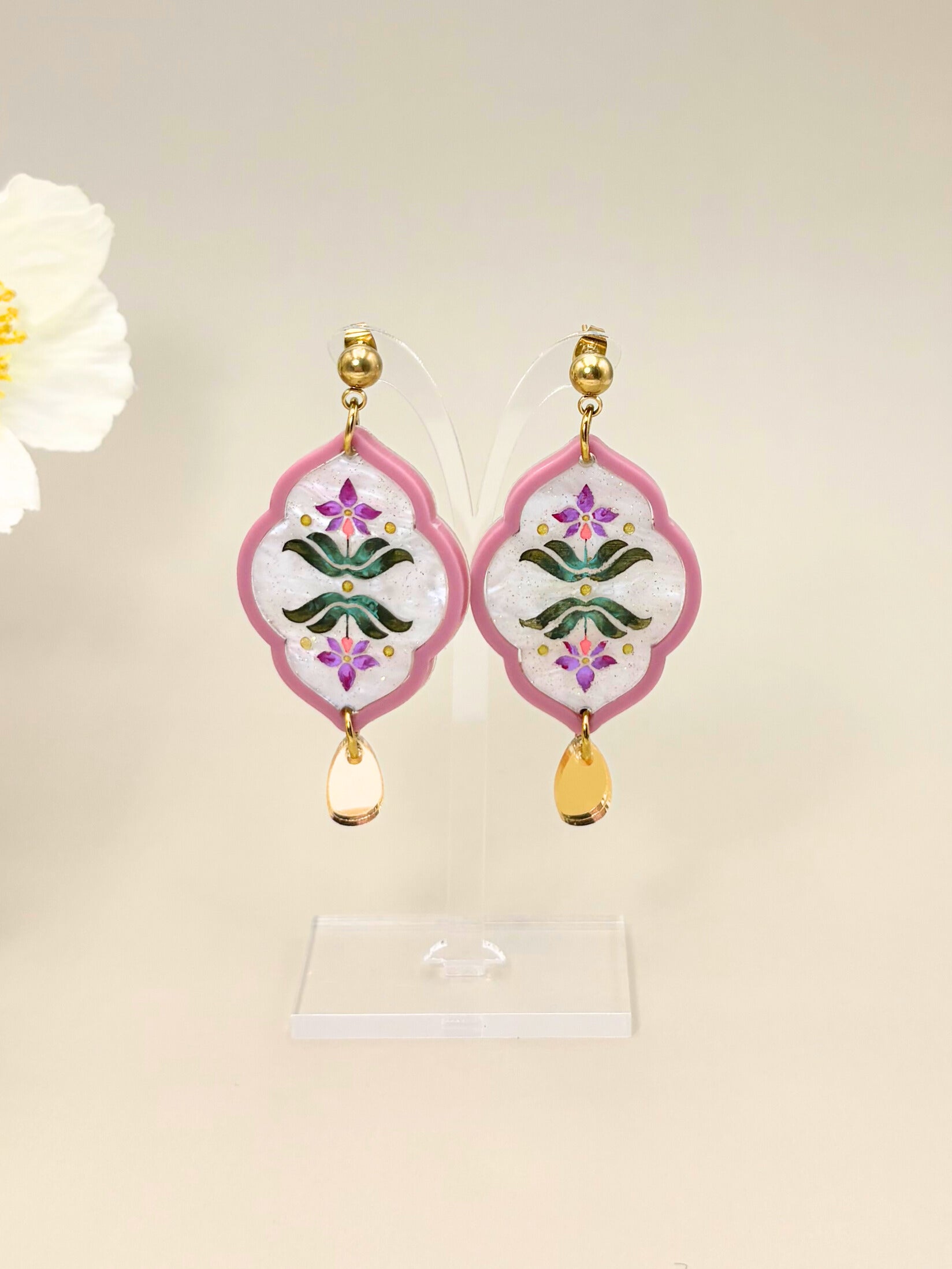 Sacred Bloom Drops - Mulberry, Emerald, Orchid & Gold Acrylic Earrings | Isla & Marigold