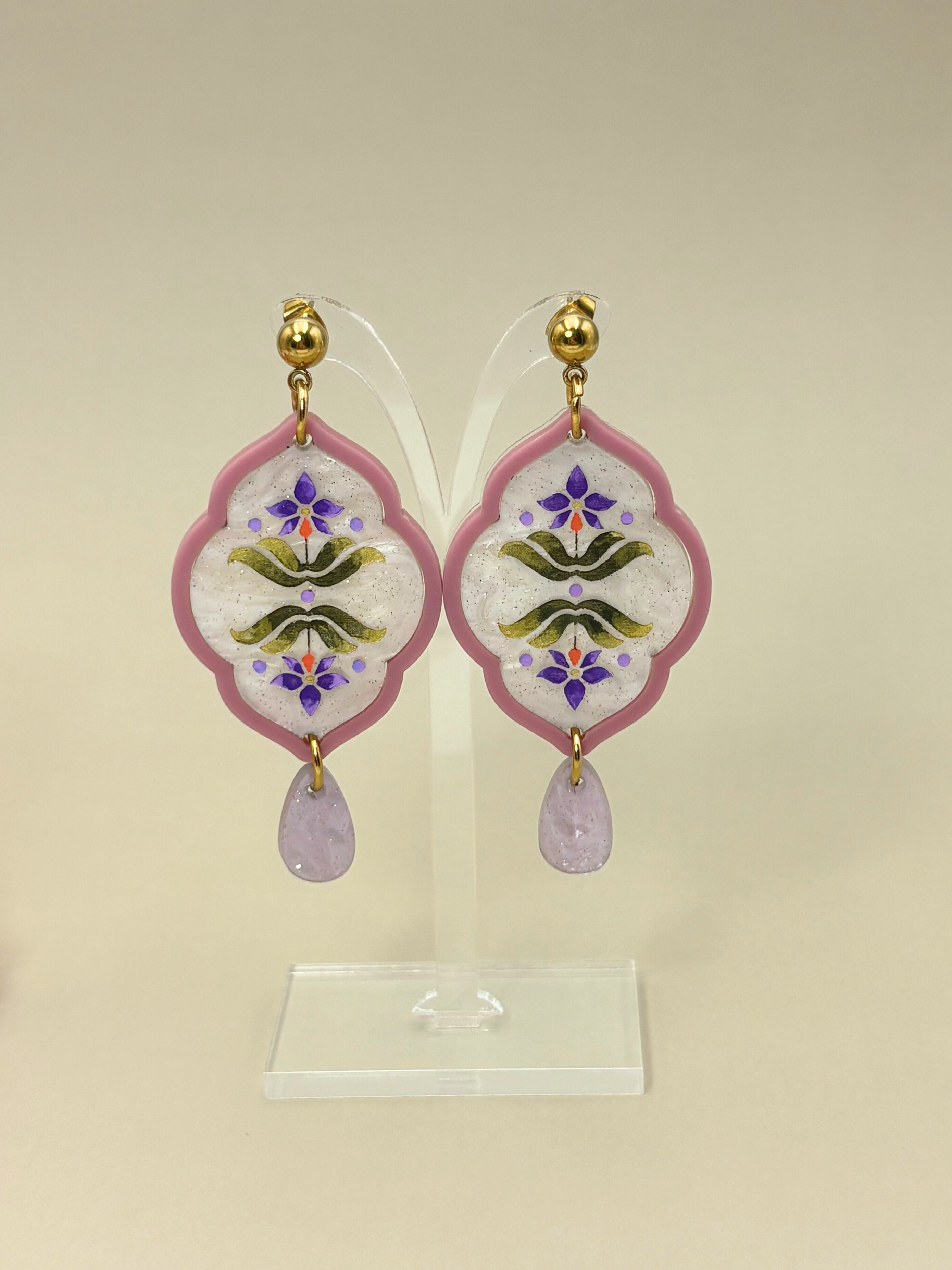 Sacred Bloom Drops - Mulberry, Olive, Violet & Gold Acrylic Earrings | Isla & Marigold