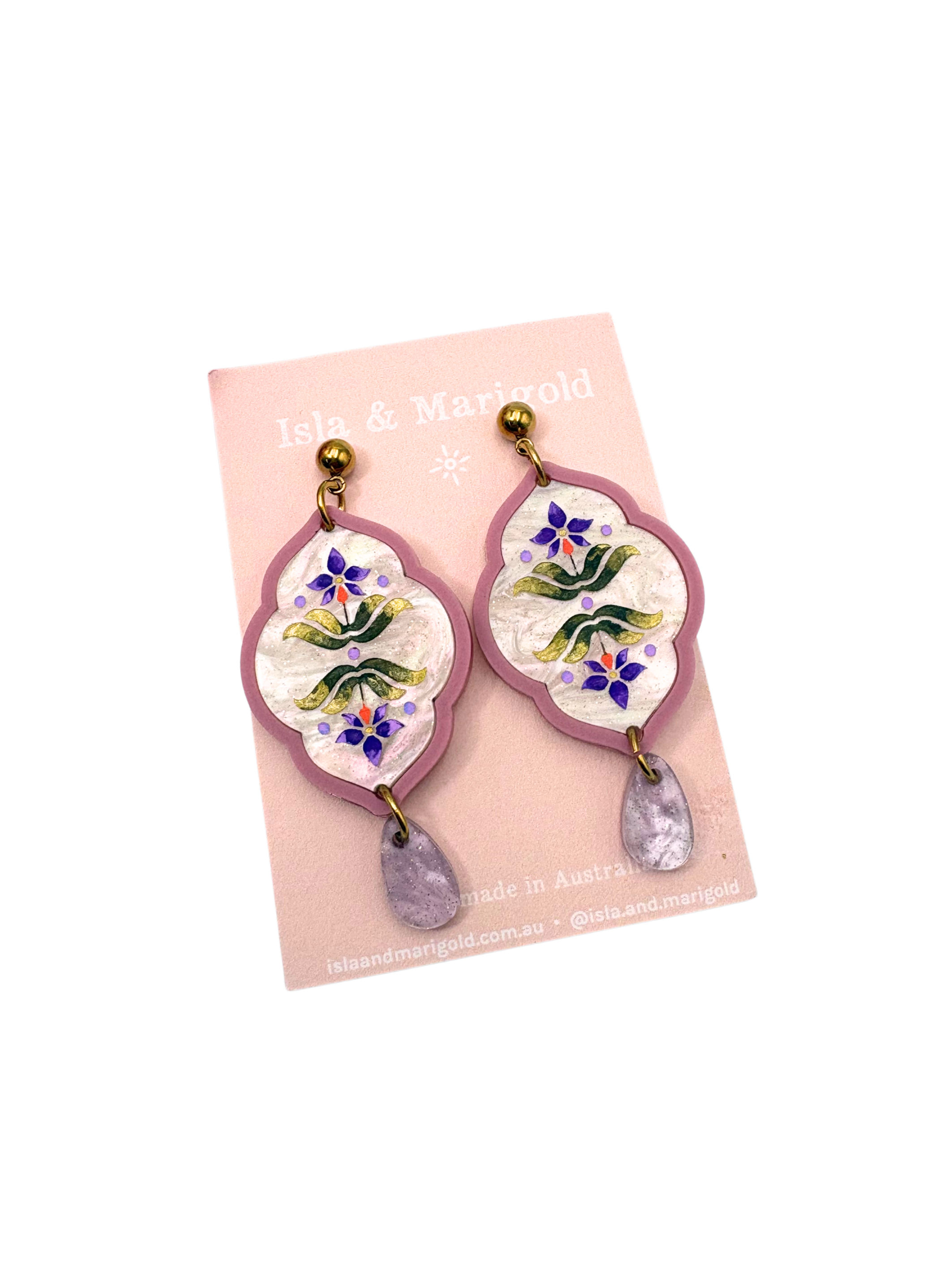 Sacred Bloom Drops - Mulberry, Olive, Violet & Gold Acrylic Earrings | Isla & Marigold