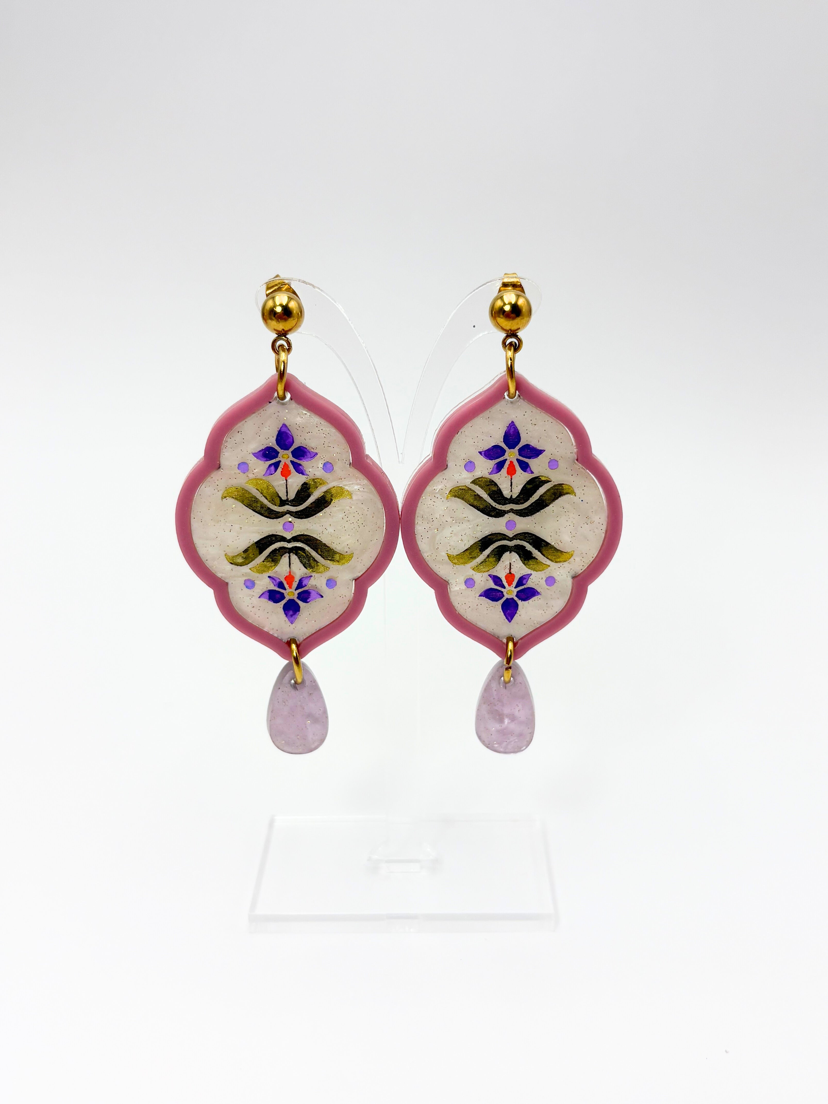 Sacred Bloom Drops - Mulberry, Olive, Violet & Gold Acrylic Earrings | Isla & Marigold