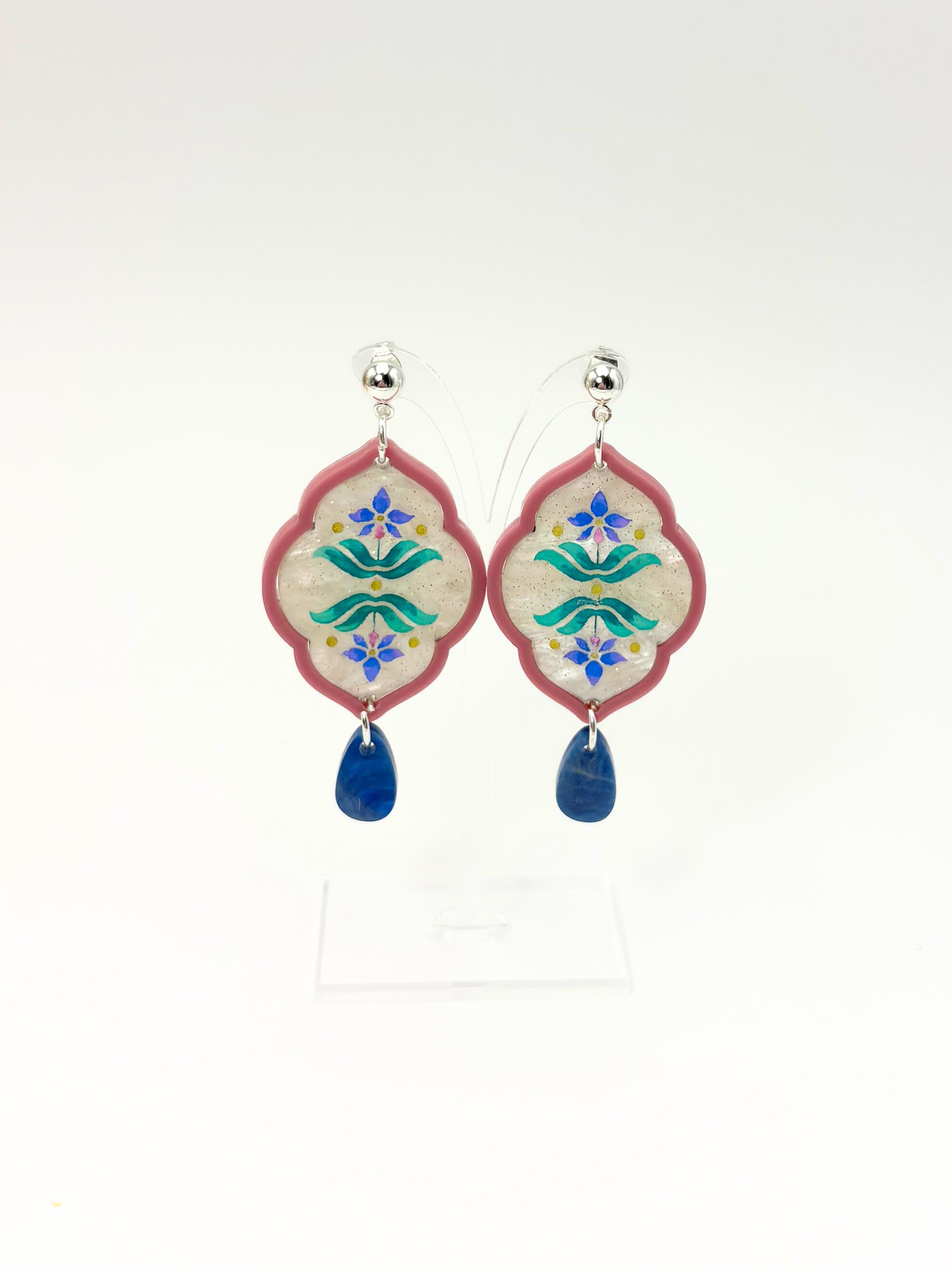 Sacred Bloom Drops - Mulberry, Teal, Blue & Silver Acrylic Earrings | Isla & Marigold