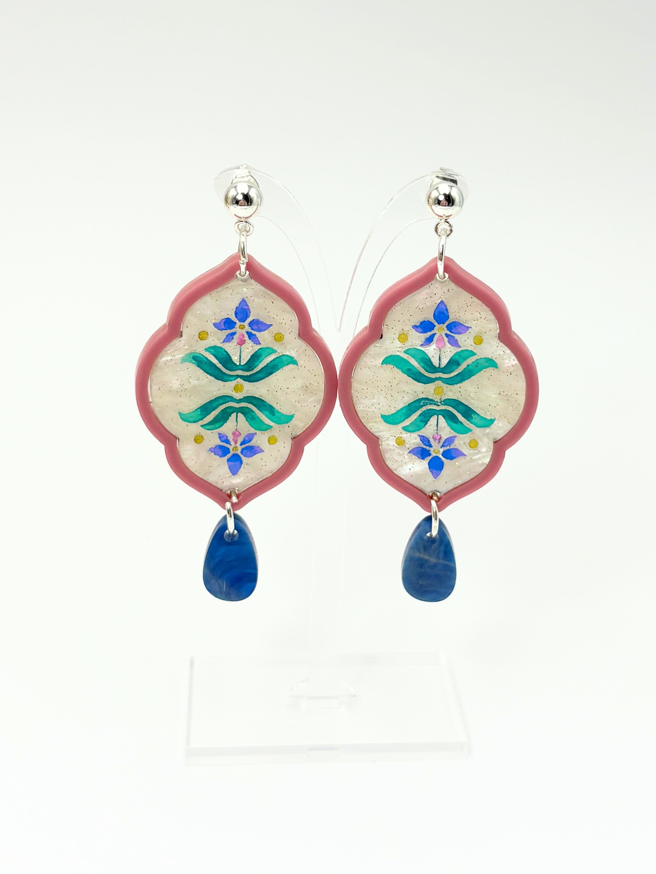 Sacred Bloom Drops - Mulberry, Teal, Blue & Silver Acrylic Earrings | Isla & Marigold