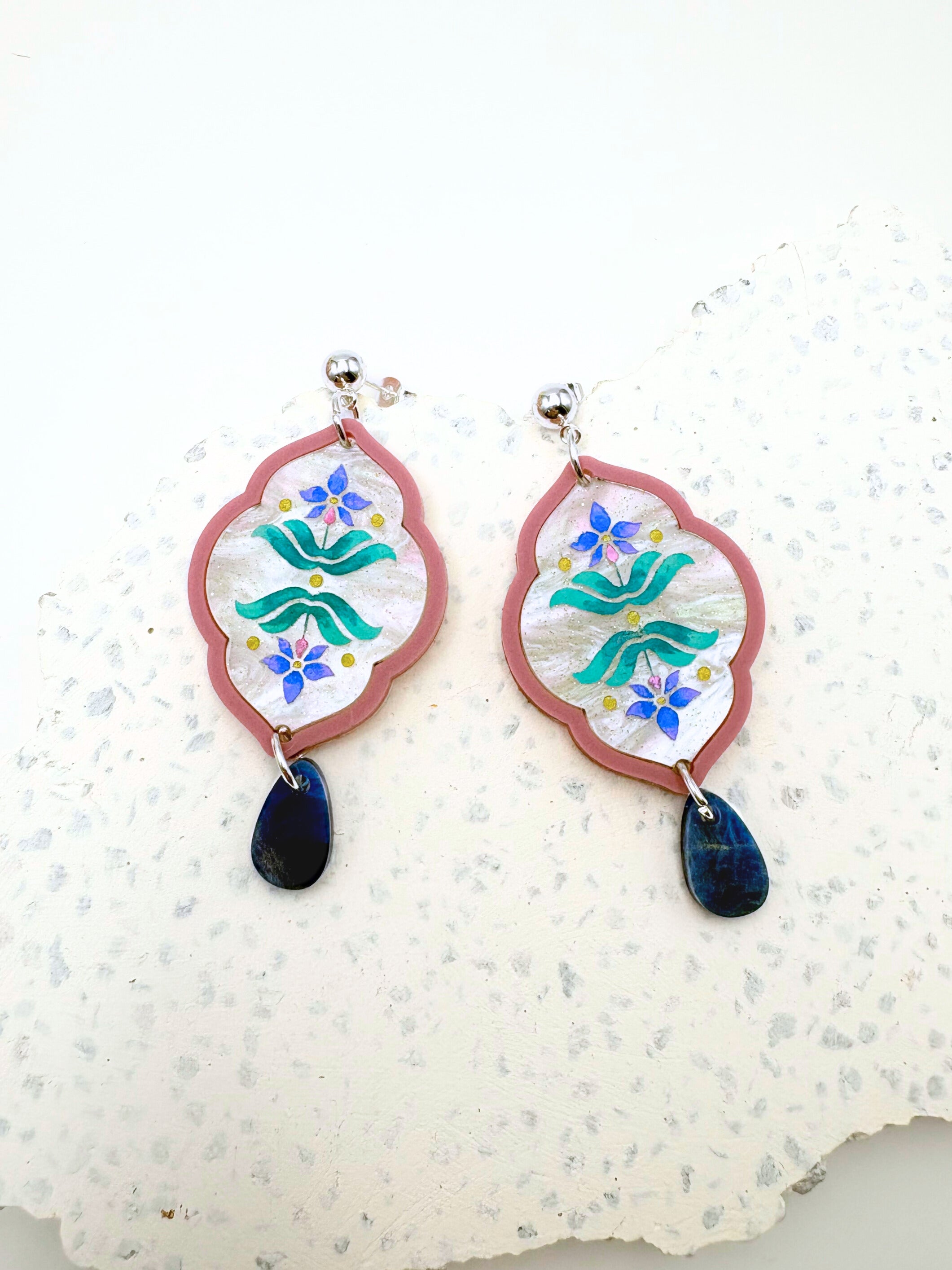 Sacred Bloom Drops - Mulberry, Teal, Blue & Silver Acrylic Earrings | Isla & Marigold