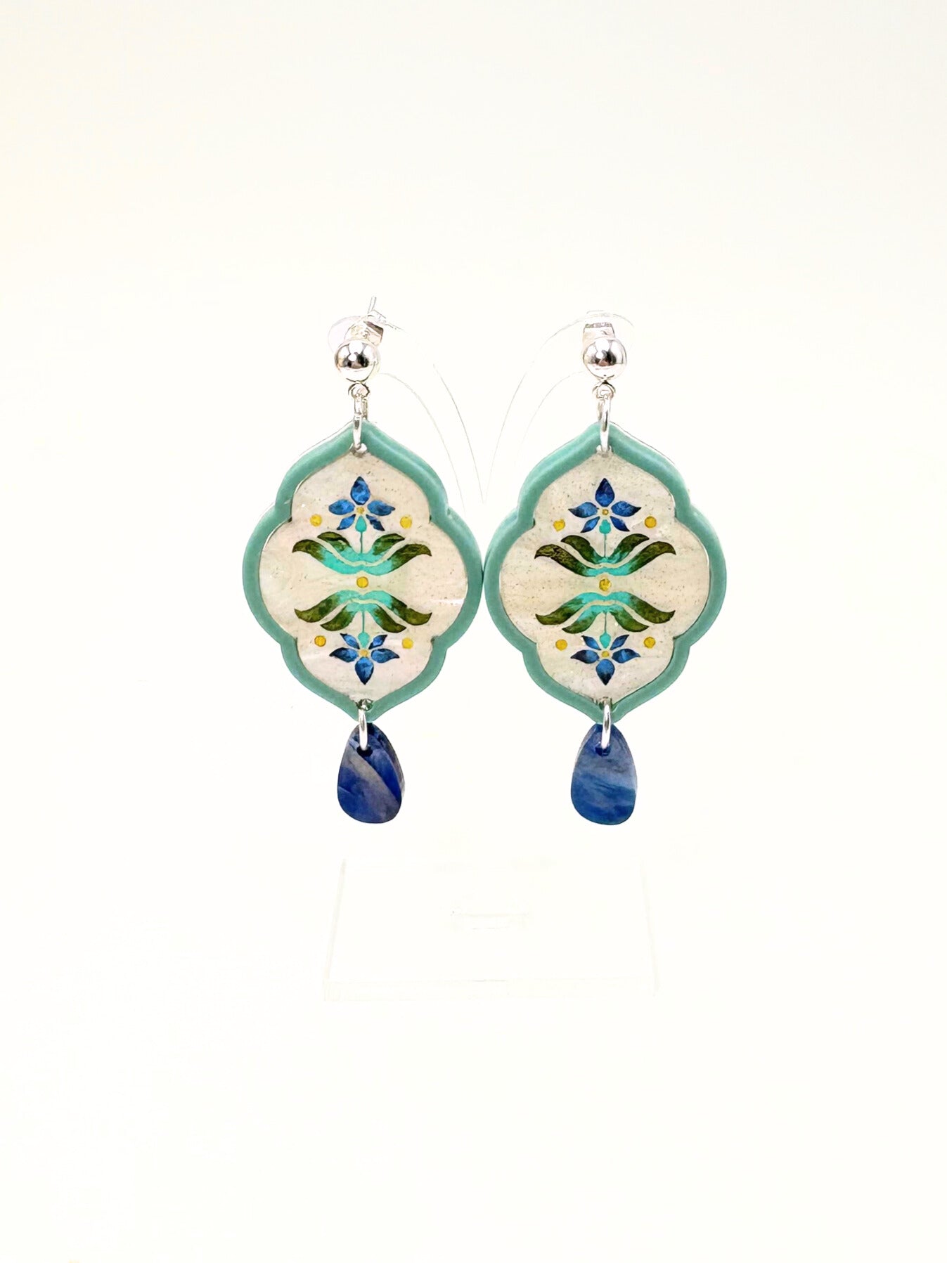 Sacred Bloom Drops - Sea Green, Olive, Blue & Silver Acrylic Earrings | Isla & Marigold