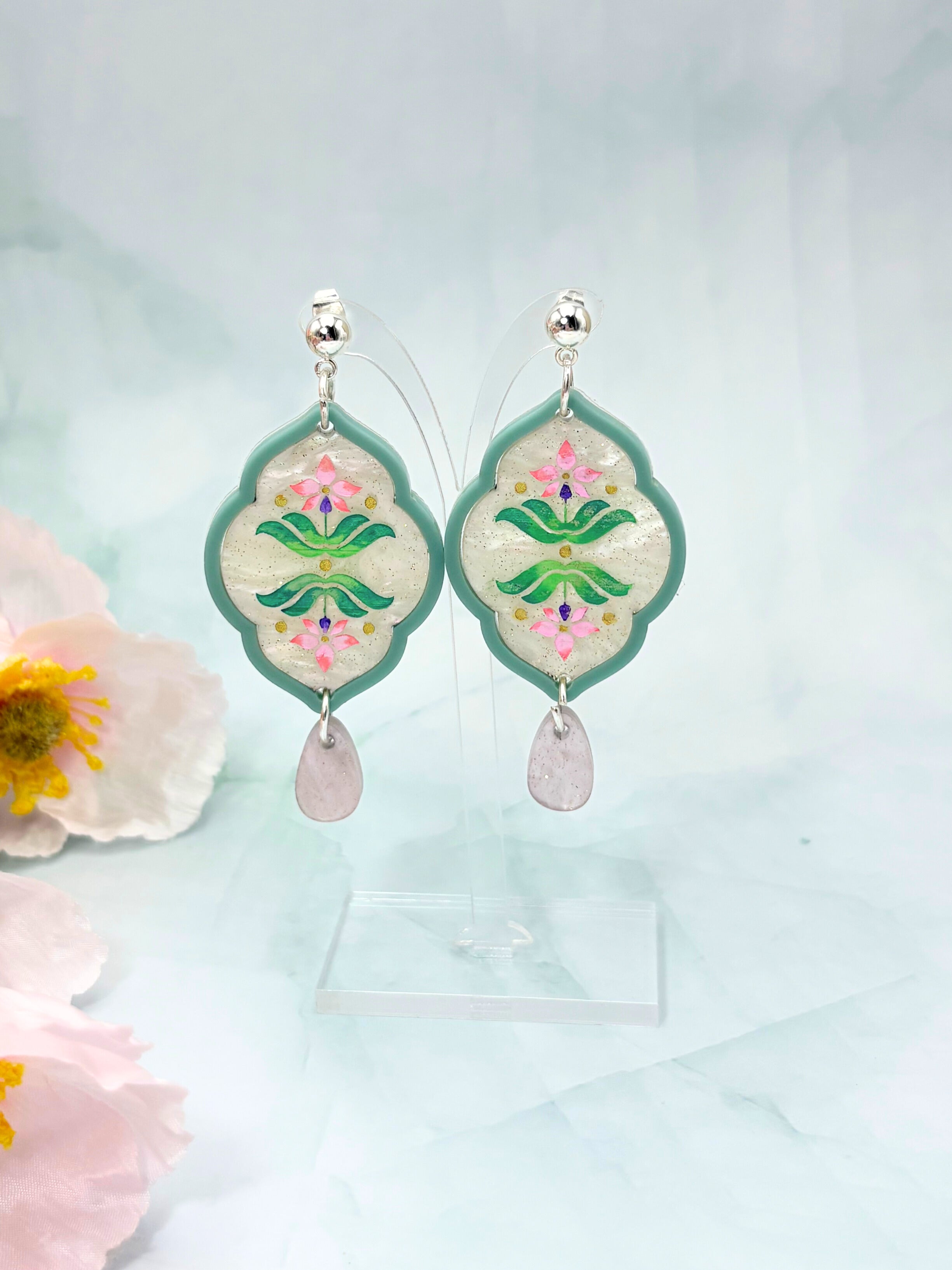Sacred Bloom Drops - Sea Green, Pink, Lilac & Silver Acrylic Earrings | Isla & Marigold