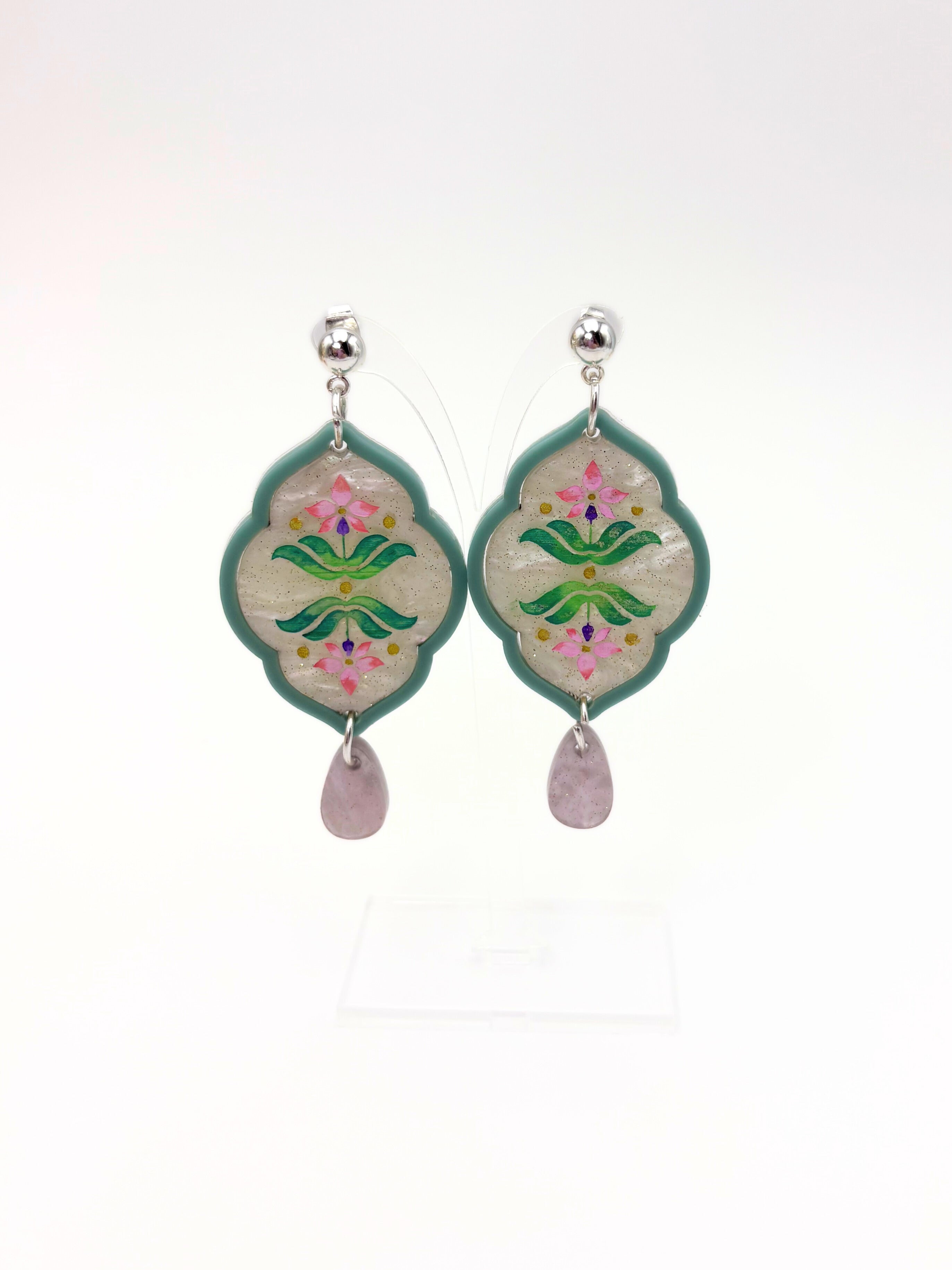 Sacred Bloom Drops - Sea Green, Pink, Lilac & Silver Acrylic Earrings | Isla & Marigold