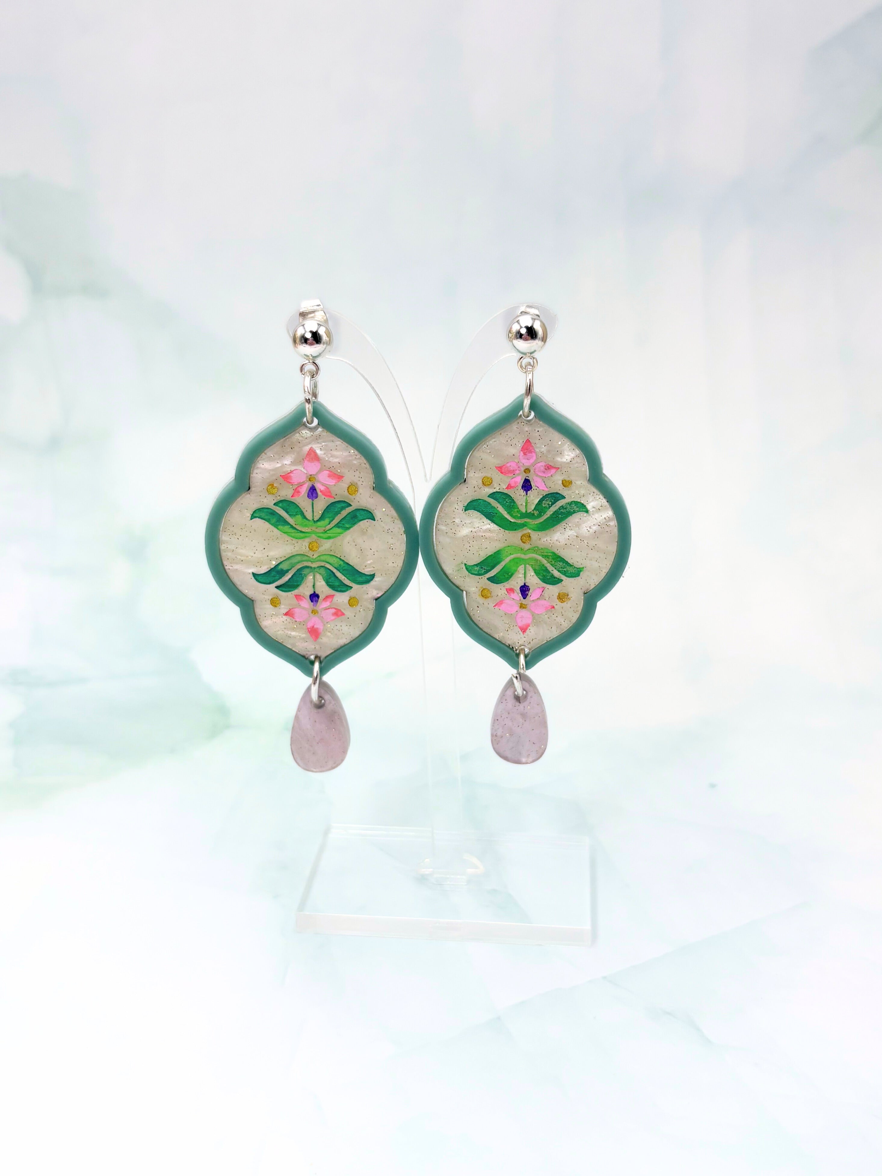 Sacred Bloom Drops - Sea Green, Pink, Lilac & Silver Acrylic Earrings | Isla & Marigold