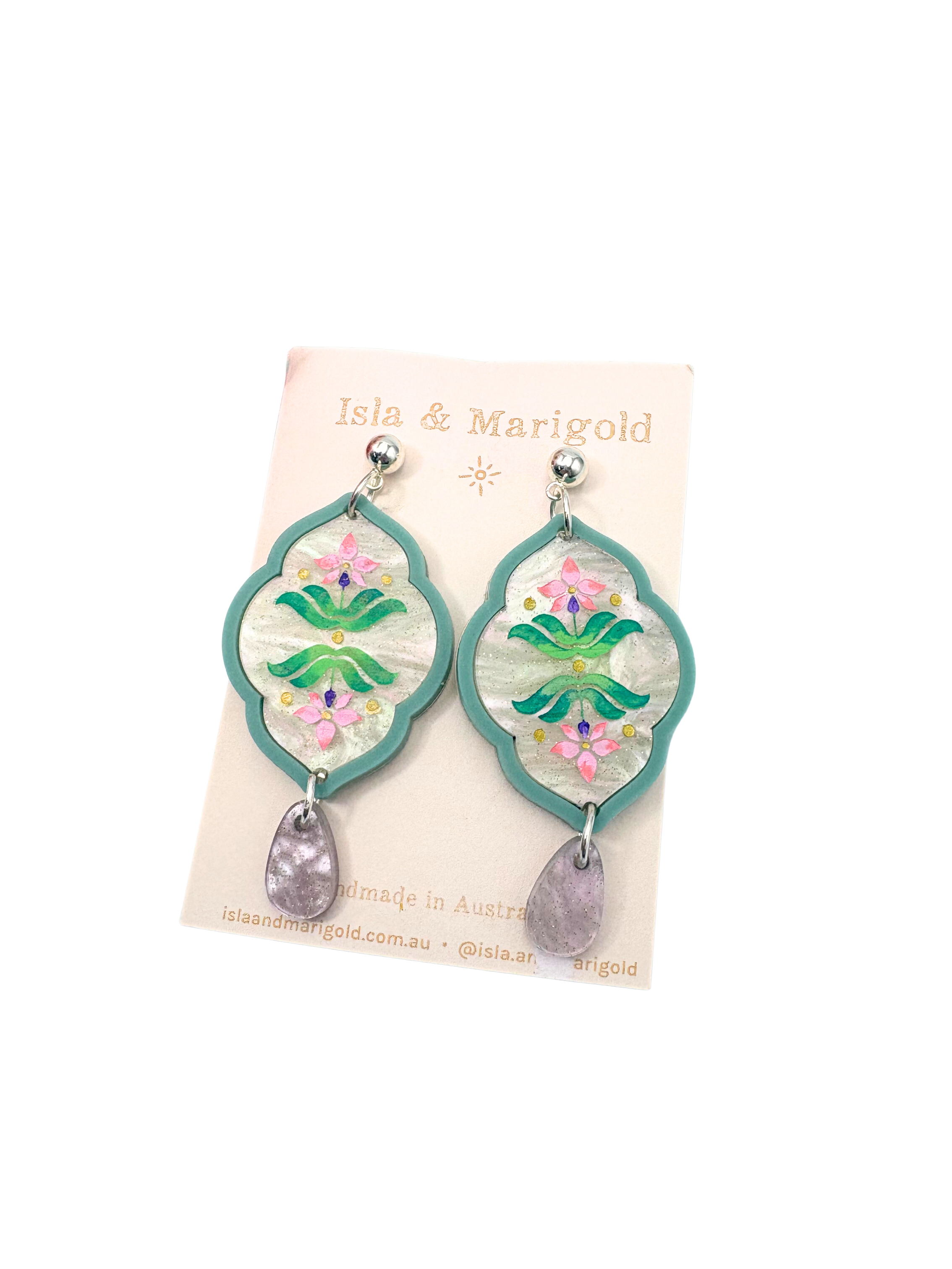 Sacred Bloom Drops - Sea Green, Pink, Lilac & Silver Acrylic Earrings | Isla & Marigold