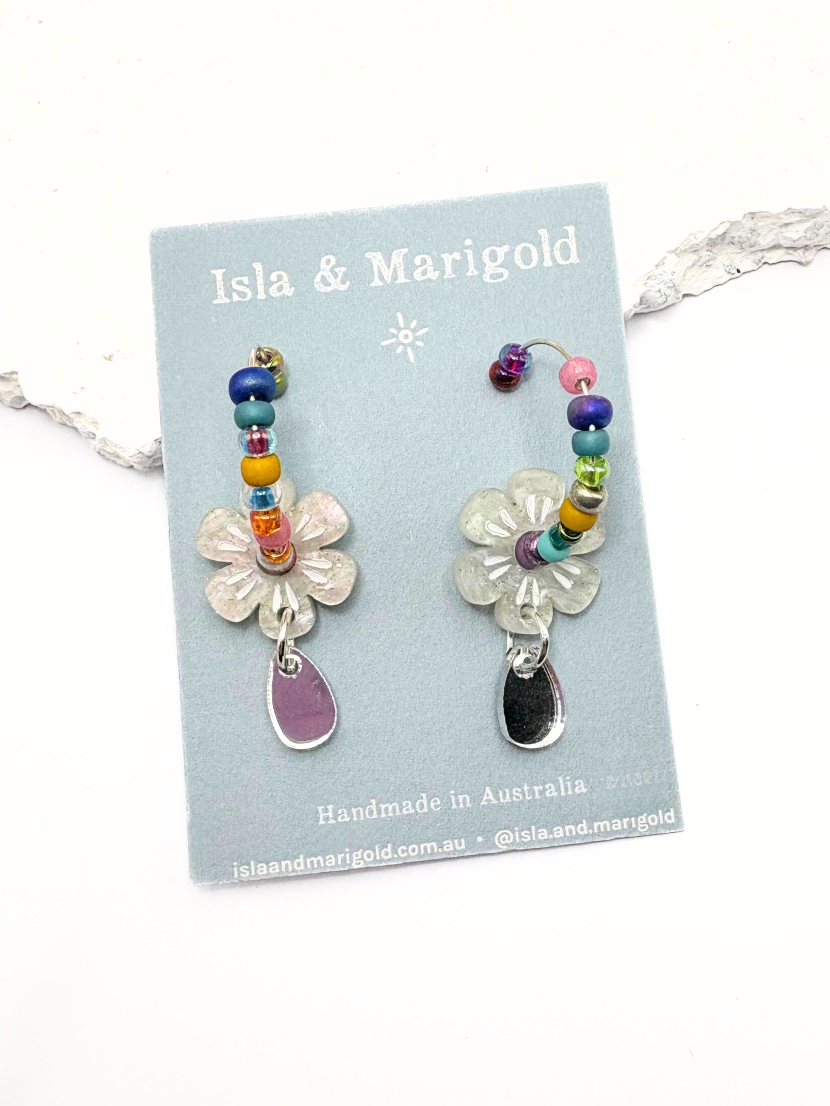 Soulflower Drop Hoops - Ivory and Silver Acrylic Earrings | Isla & Marigold