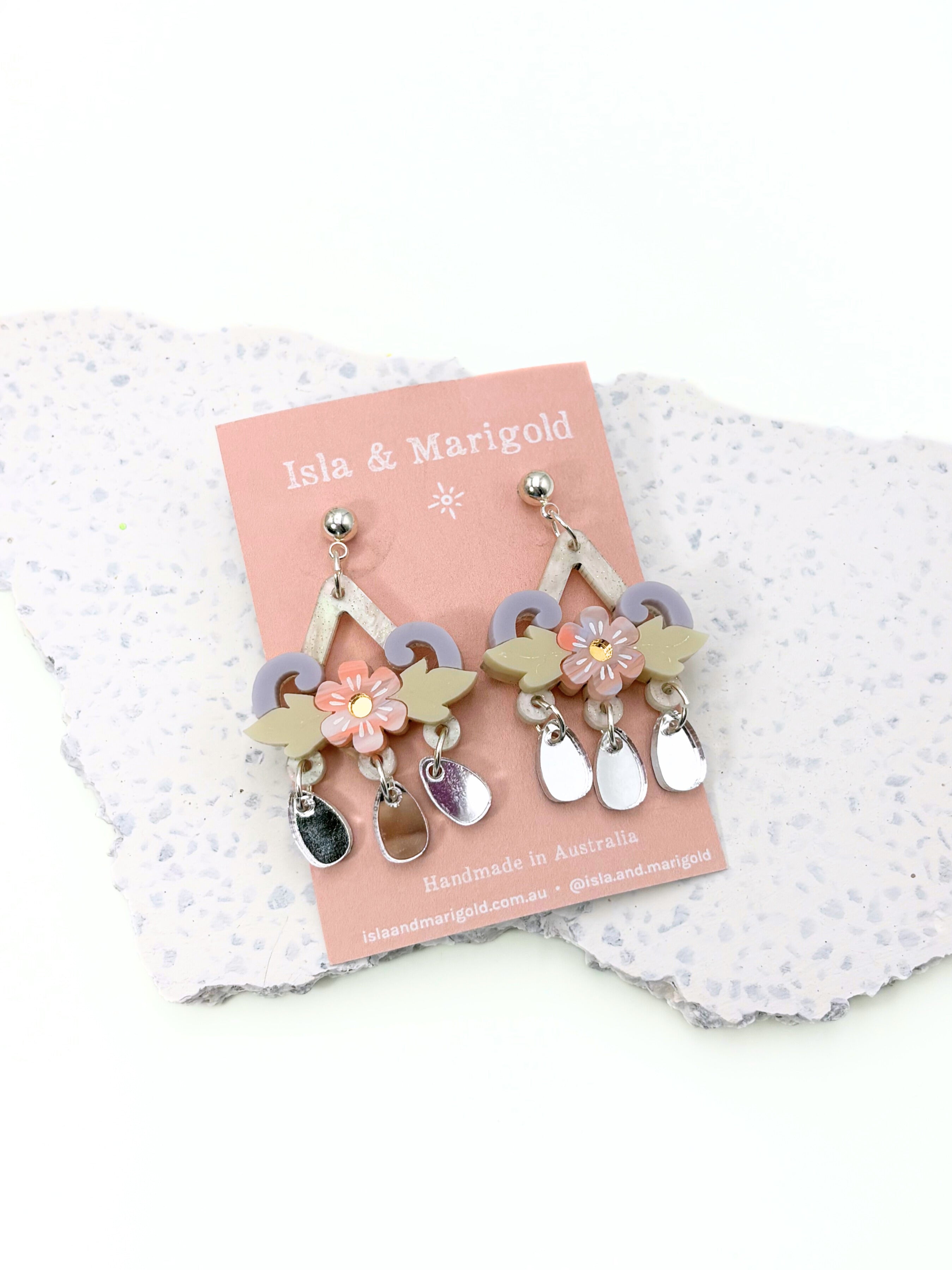Soulflower Cascade - Lilac, Peach & Silver Acrylic Earrings | Isla & Marigold
