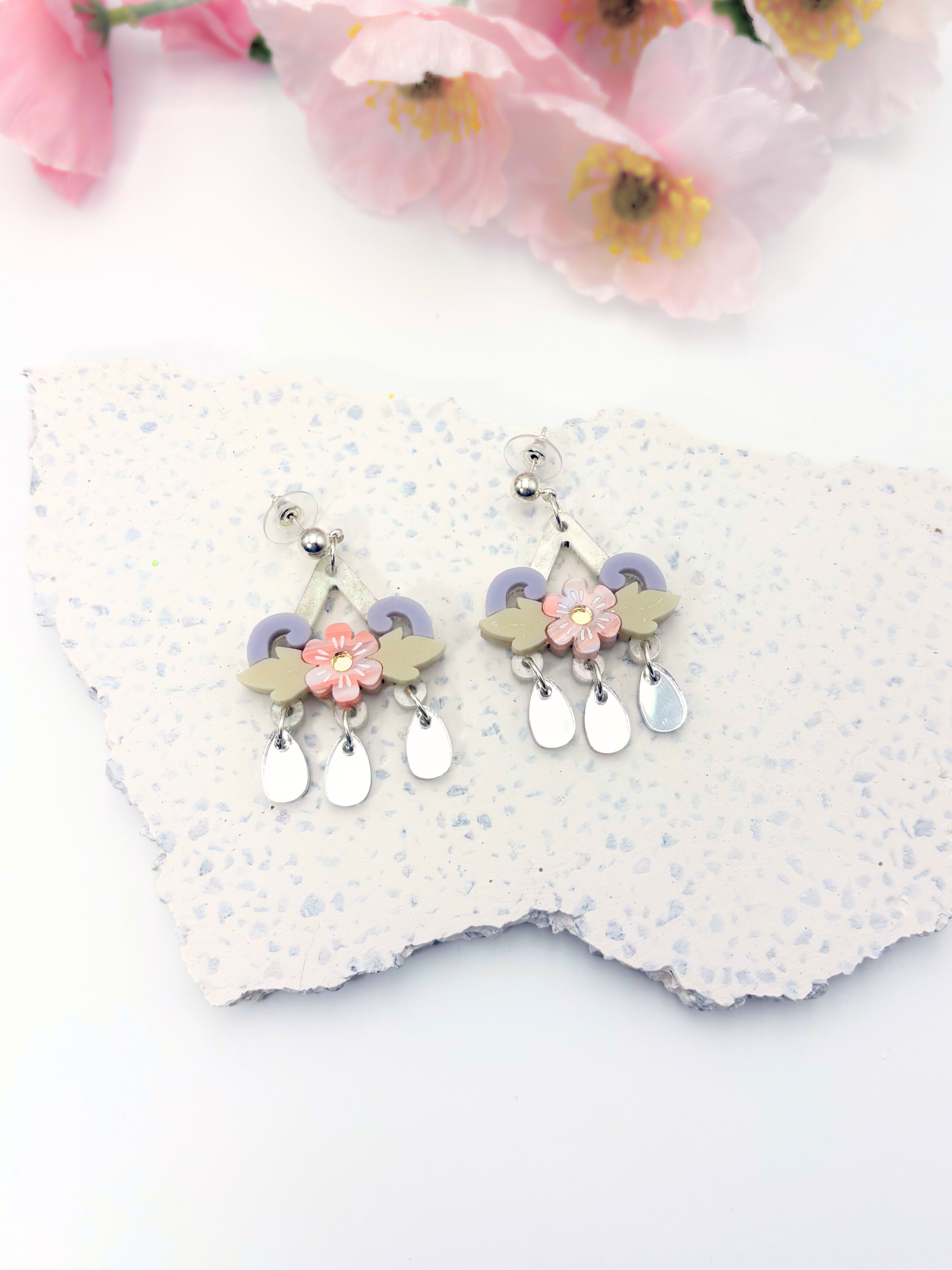 Soulflower Cascade - Lilac, Peach & Silver Acrylic Earrings | Isla & Marigold