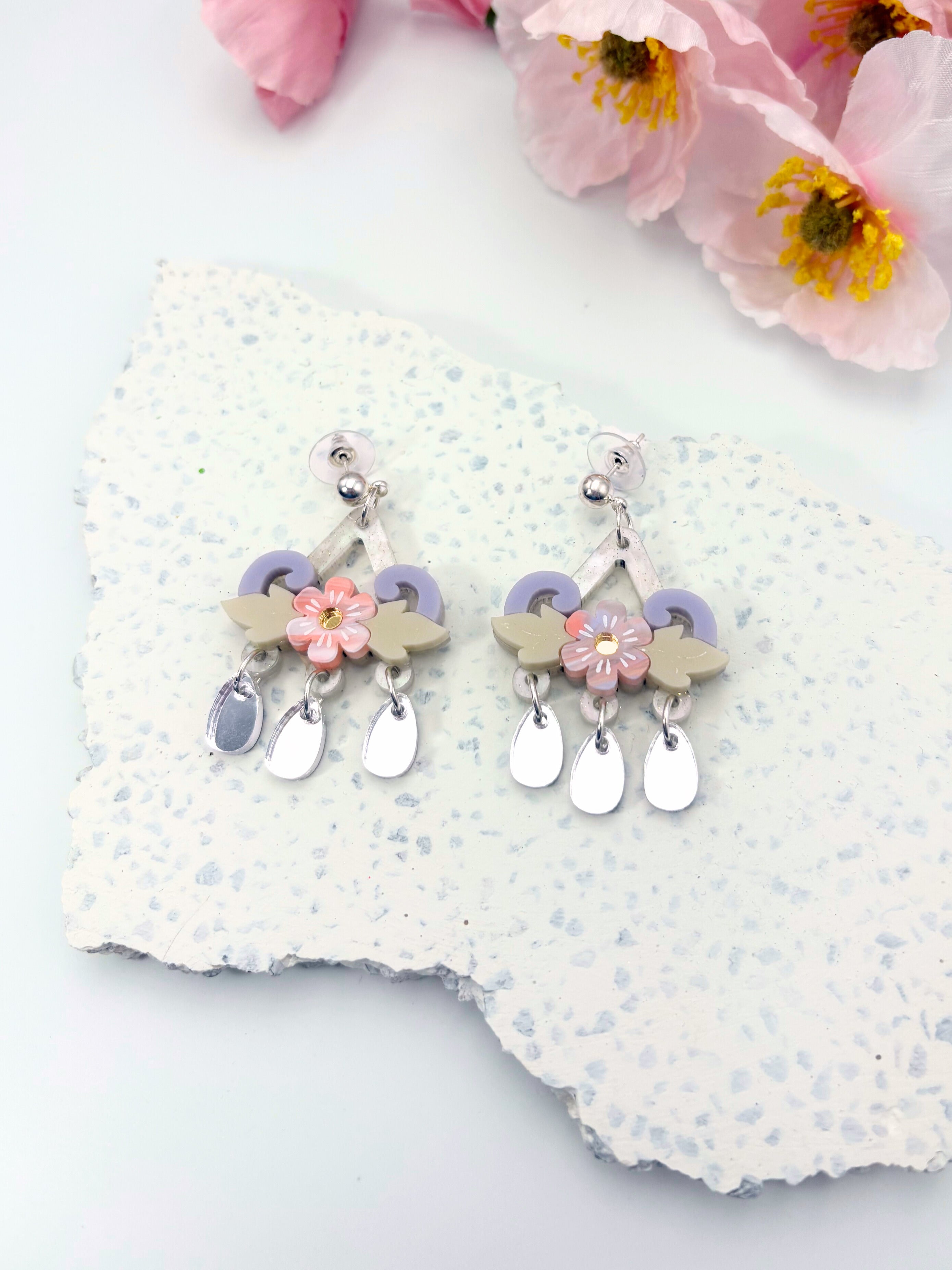 Soulflower Cascade - Lilac, Peach & Silver Acrylic Earrings | Isla & Marigold
