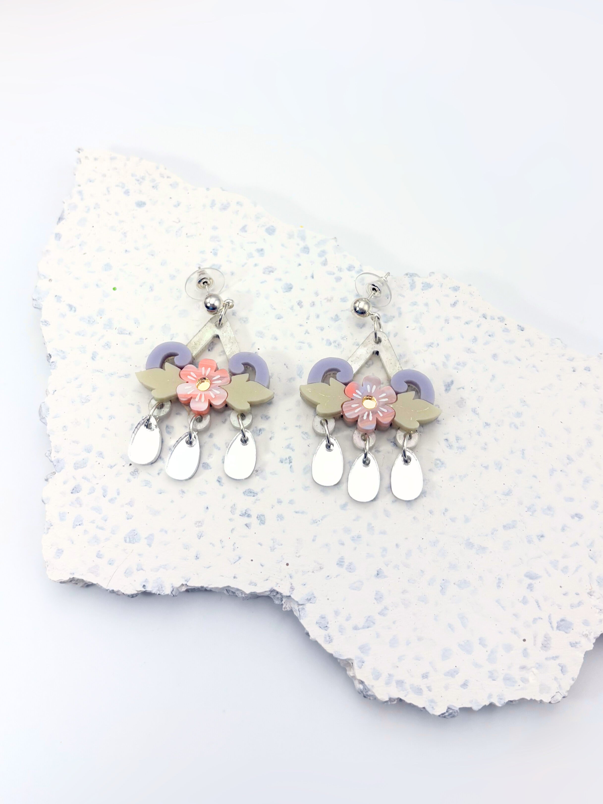 Soulflower Cascade - Lilac, Peach & Silver Acrylic Earrings | Isla & Marigold