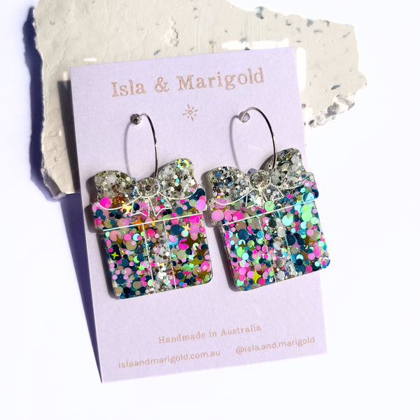 Rainbow Glitter Christmas Gift Present Earrings