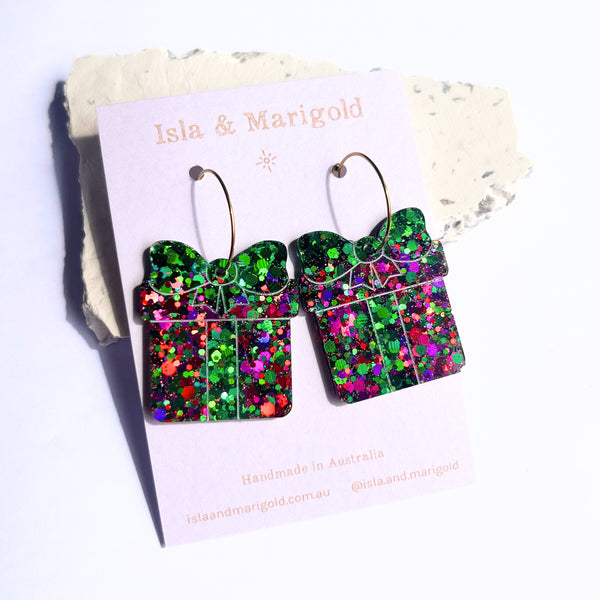 Green Red Sparkle Christmas Gift Earrings- Two Sizes