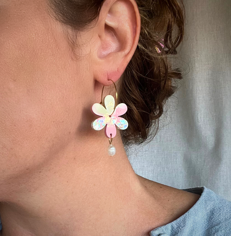 Flower Drop Hoop Earrings- Life is Peachy