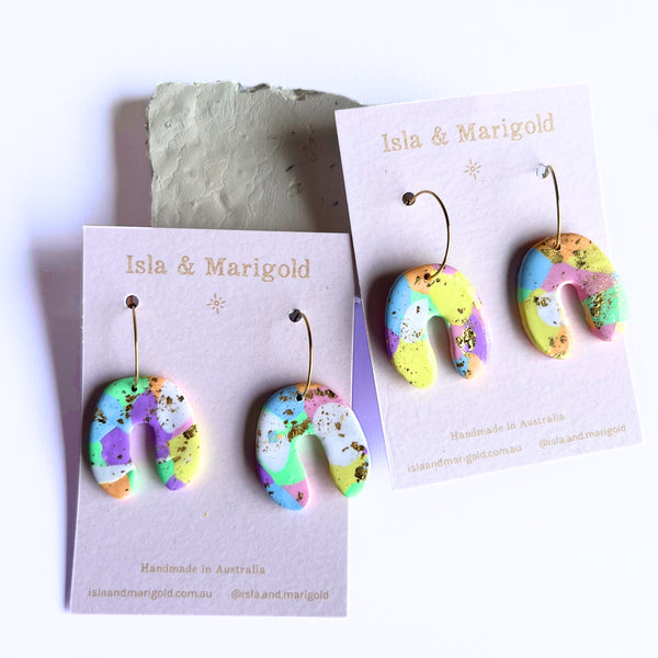 Polymer Clay Neon Rainbow Hoop Earrings