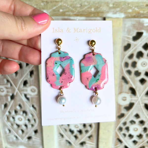 Polymer Clay Earrings- Statement Pink Green Pearl