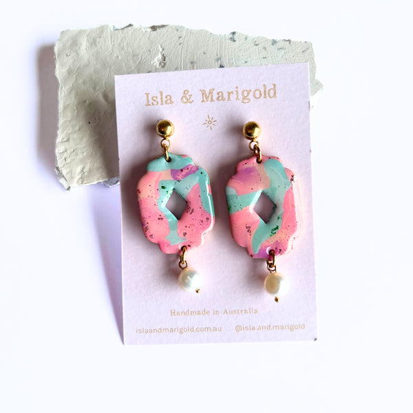 Polymer Clay Earrings- Statement Pink Green Pearl