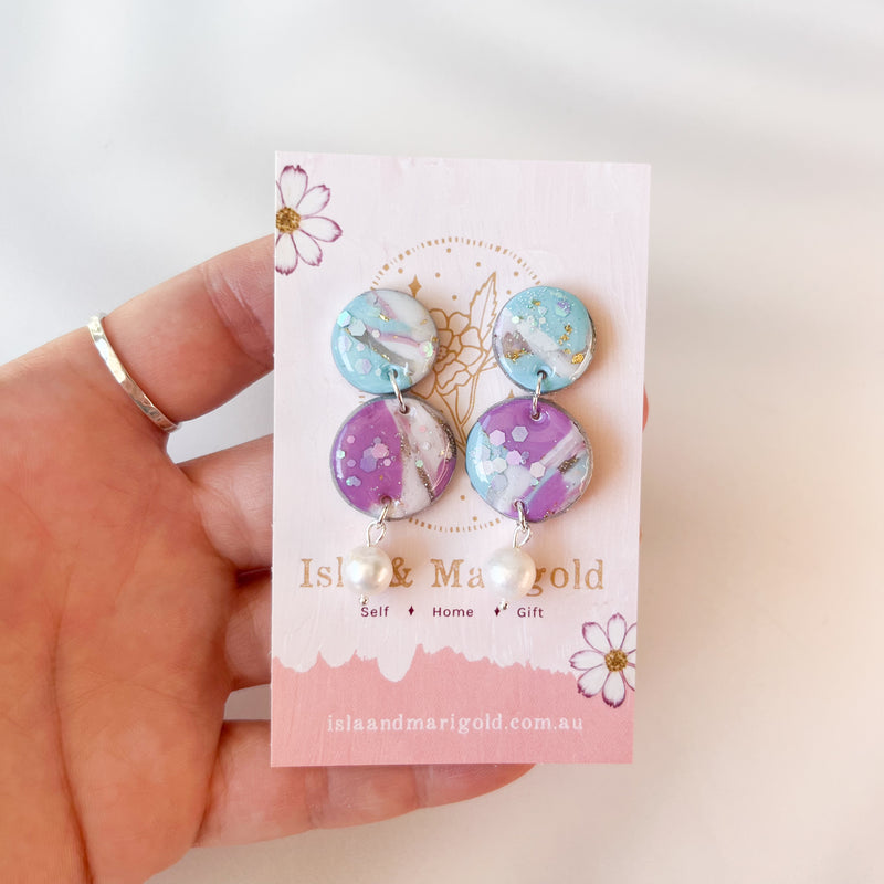 Handmade Earrings- Blue Purple Galaxy Double Circle