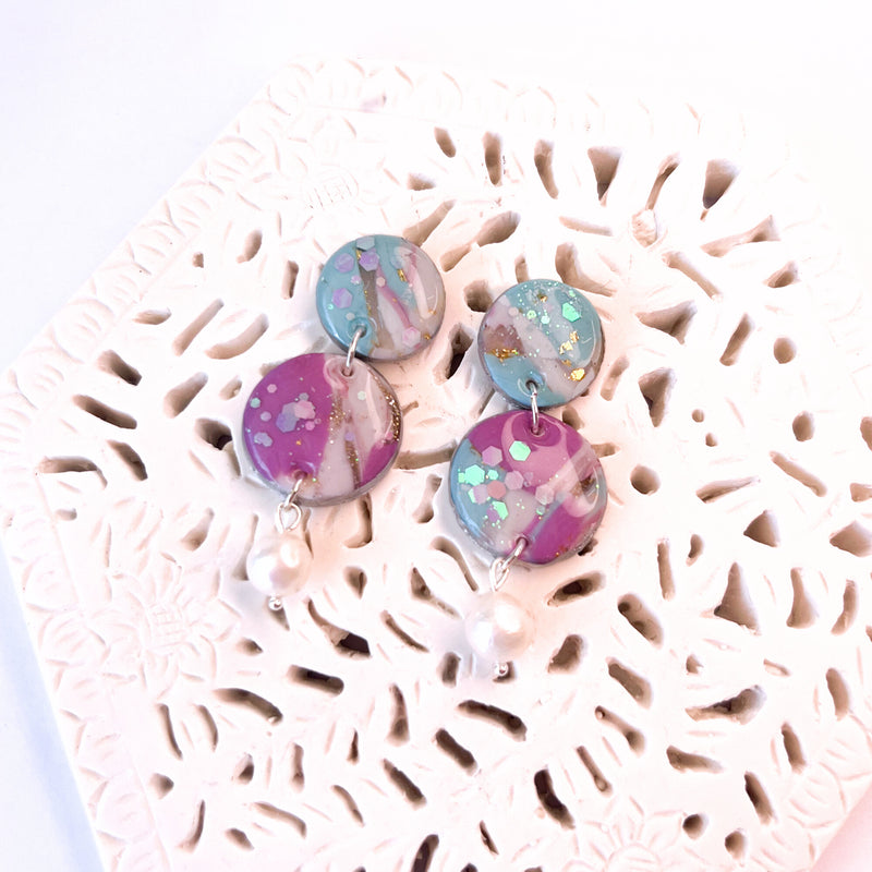 Handmade Earrings- Blue Purple Galaxy Double Circle