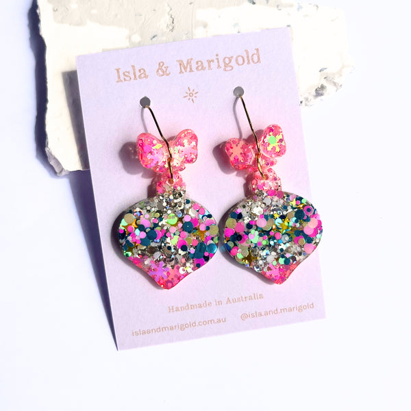 Christmas Bauble Earrings Neon Pink - Large