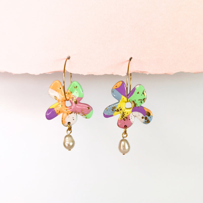 Handmade Earrings- Rainbow Flower Pearl Hoop