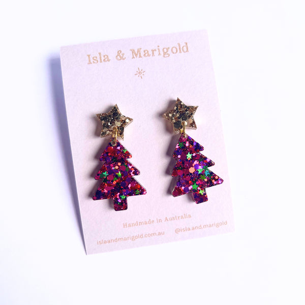 Christmas Tree Earrings Fuchsia Gold