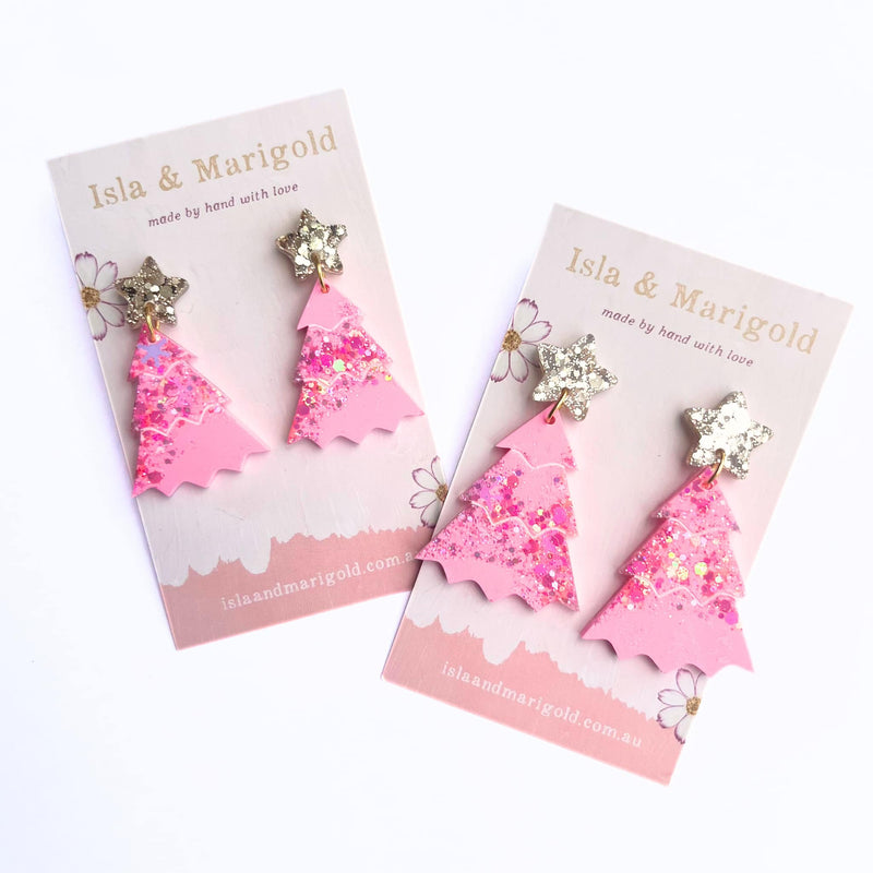 Handmade Earrings- Glitter Pink Christmas Tree Earrings- Two Sizes