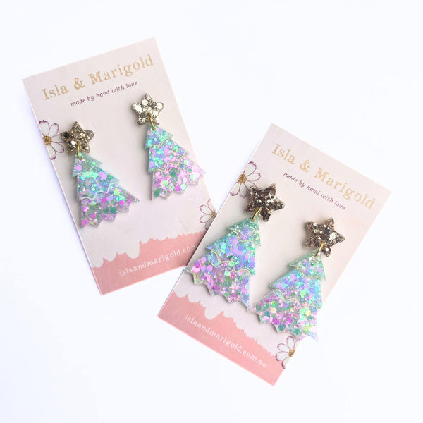 Handmade Earrings- Pastel Glitter Christmas Tree- Two Sizes