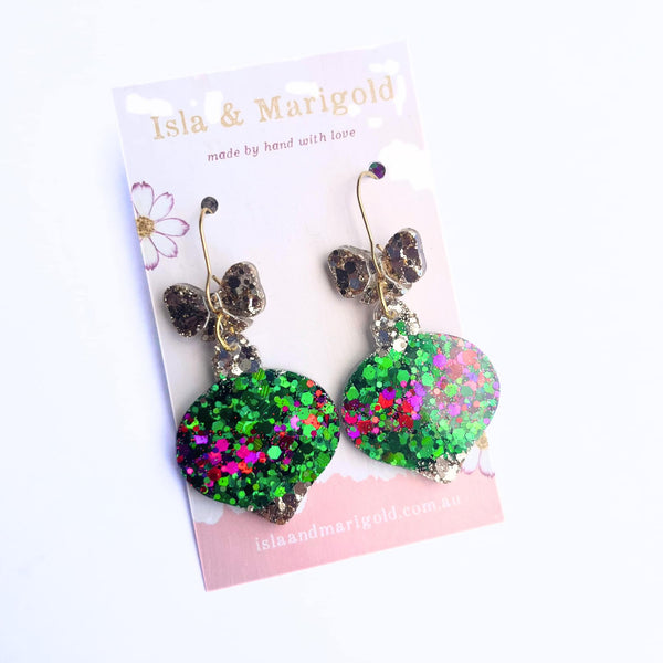 Christmas Bauble Earrings Green Gold Purple - Large