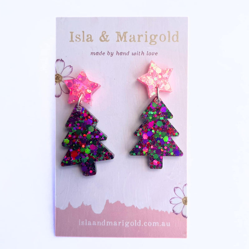 Christmas Tree Earrings Fuchsia Pink