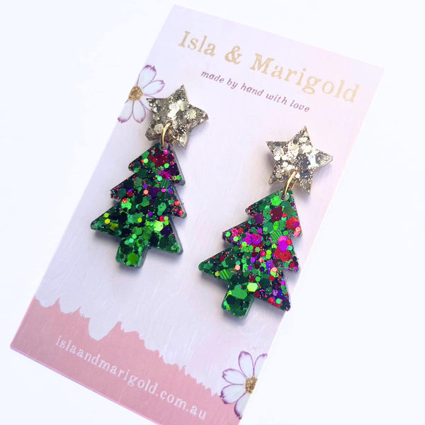 Green Red Sparkle Glitter Christmas Tree Earrings