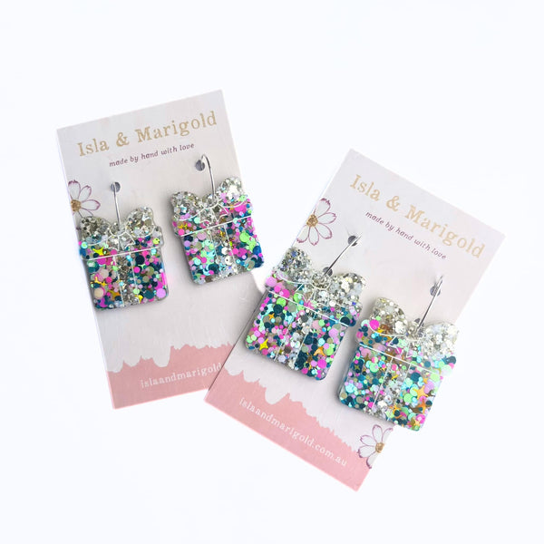 Rainbow Glitter Christmas Gift Present Earrings