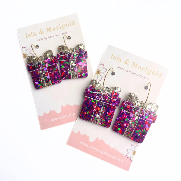 Fuchsia Gold Christmas Gift Present Earrings- Two Sizes