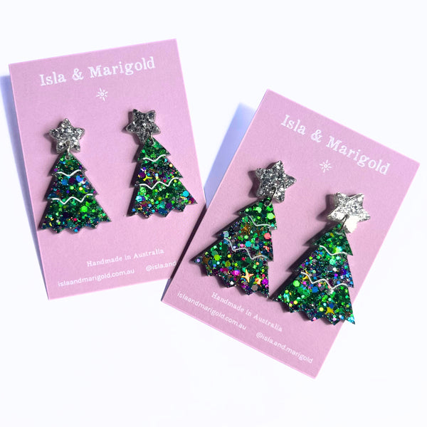 Handmade Earrings- Blue Green Glitter Christmas Tree- Two Sizes