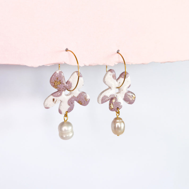 Handmade Earrings- Cream Dusty Purple Flower Pearl Hoop