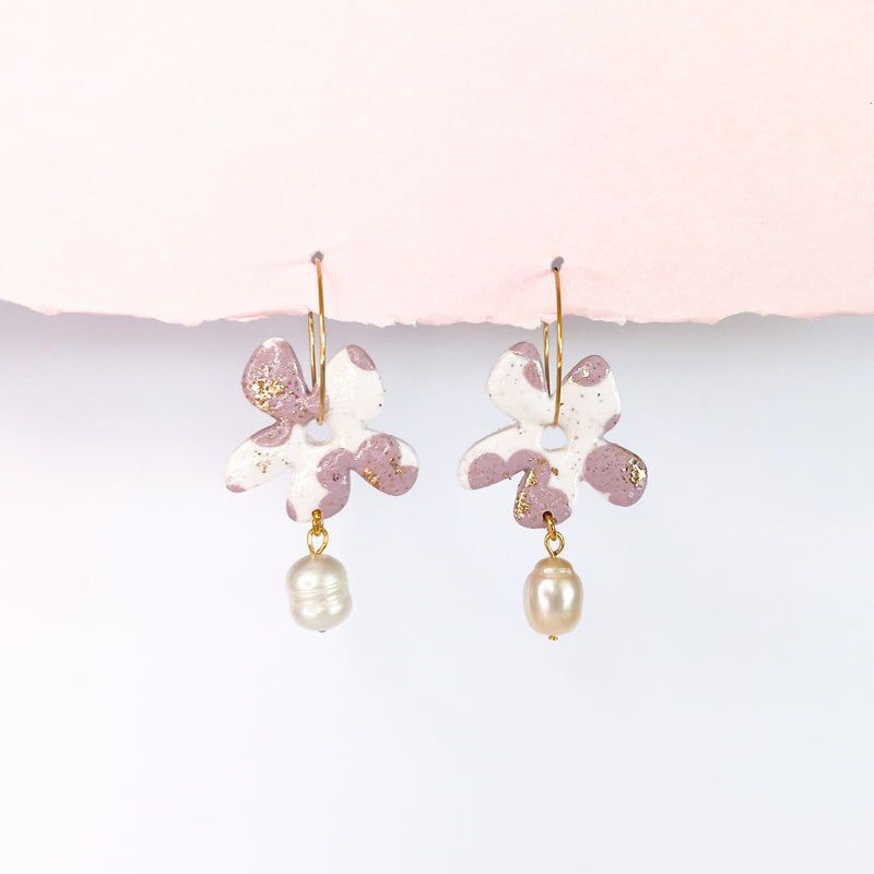 Handmade Earrings- Cream Dusty Purple Flower Pearl Hoop