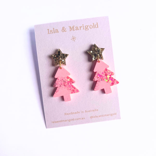 Pink Gold Glitter Christmas Tree Earrings