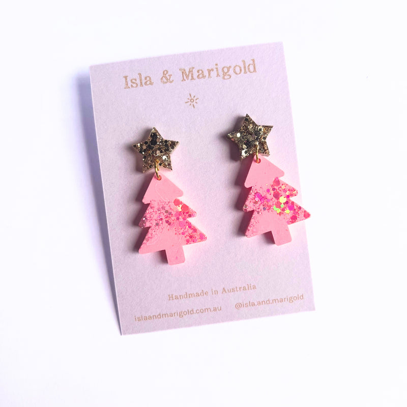 Pink Gold Glitter Christmas Tree Earrings