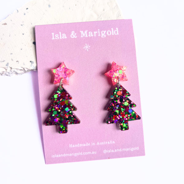 Christmas Tree Earrings Fuchsia Pink