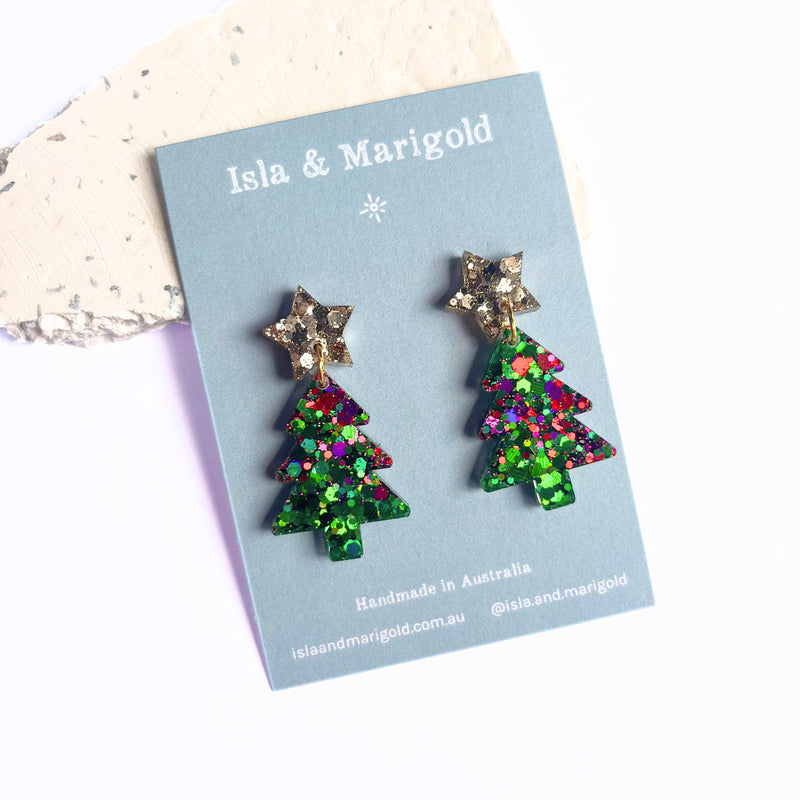 Green Red Sparkle Glitter Christmas Tree Earrings