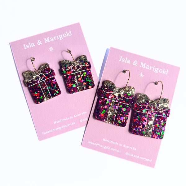 Fuchsia Gold Christmas Gift Present Earrings- Two Sizes