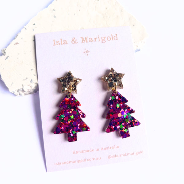 Christmas Tree Earrings Fuchsia Gold