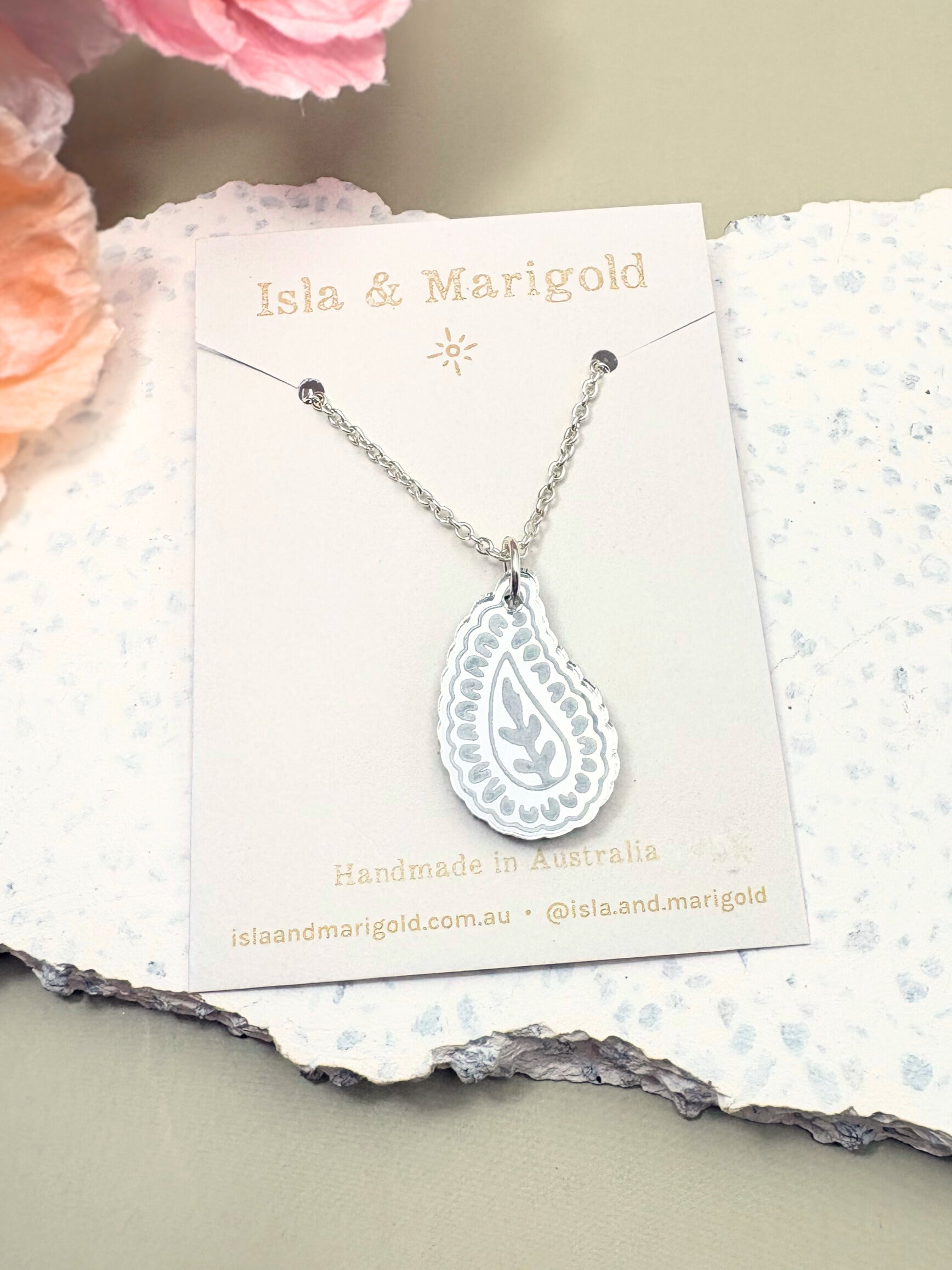 Aligned Abundant Paisley Pendant Affirmation Necklace – Silver Mirror Acrylic | Isla & Marigold
